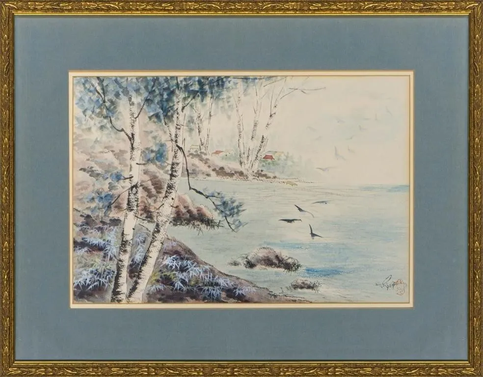 MARJORIE PIGOTT COASTAL BIRCH LANDSCAPE WATERCOLOR