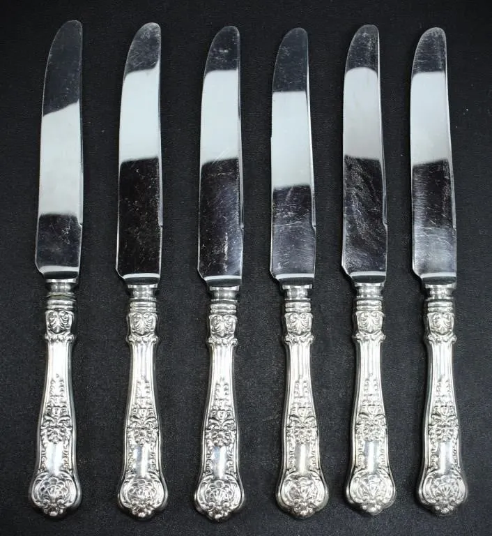 6 SILVER HANDLE STAINLESS WEIGHTED DINNER KNIVES
