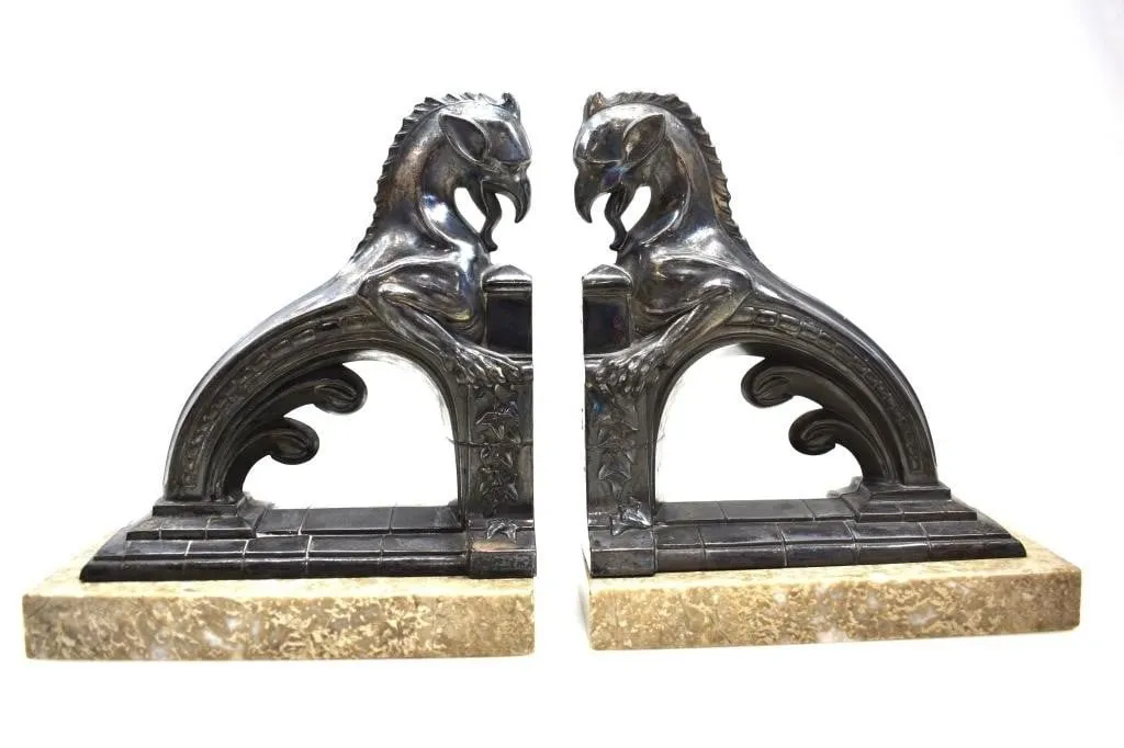 TWO 1930s SILVER-PLATED ART DECO GARGOYLE BOOKENDS