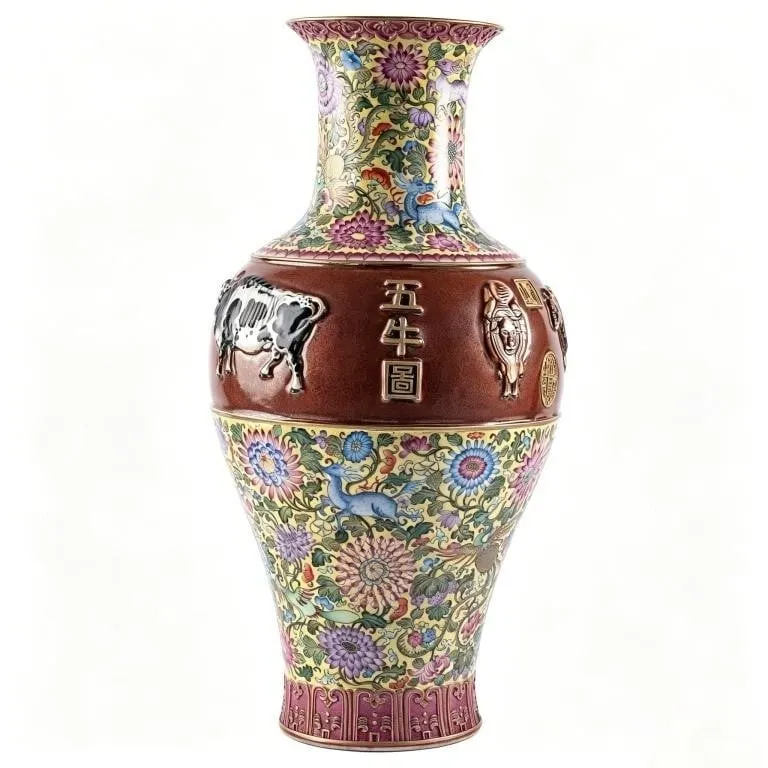 CHINESE FAMILLE ROSE 'FIVE OXEN' GUANYIN VASE(Len)