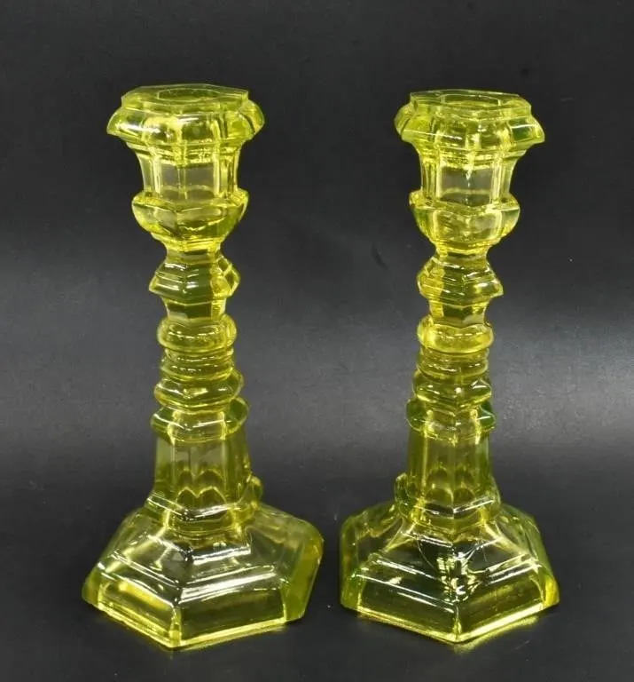 PRESSED GLASS URANIUM CANDLESTICKS