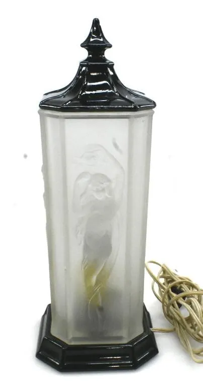 TIFFIN ART DECO FROSTED & BLACK GLASS FIGURAL LAMP