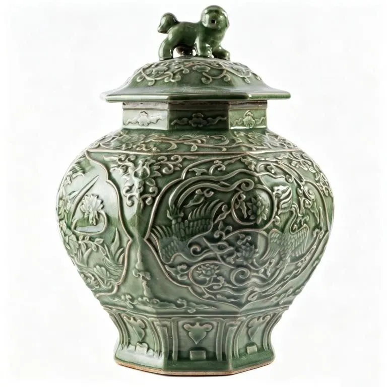 CHINESE CELADON-GLAZED OCTAGONAL COVERED JAR