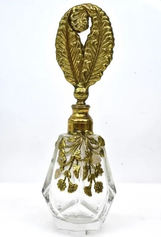 CUT GLASS GOLD-TONED FLORAL PERFUME BOTTLE