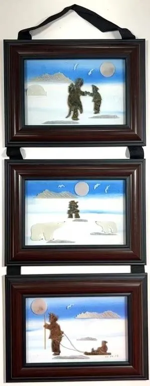 CA'YK08 'ARCTIC TRIO' SOAPSTONE ON PAINTED CANVAS