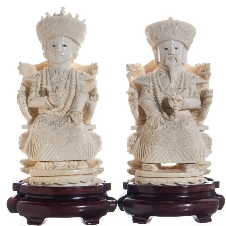 CARVED IVORY THRONED EMPEROR & EMPRESS STATUES