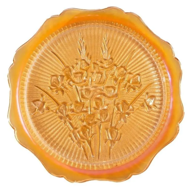 IRIS PATTERN CARNIVAL GLASS CAKE PLATE