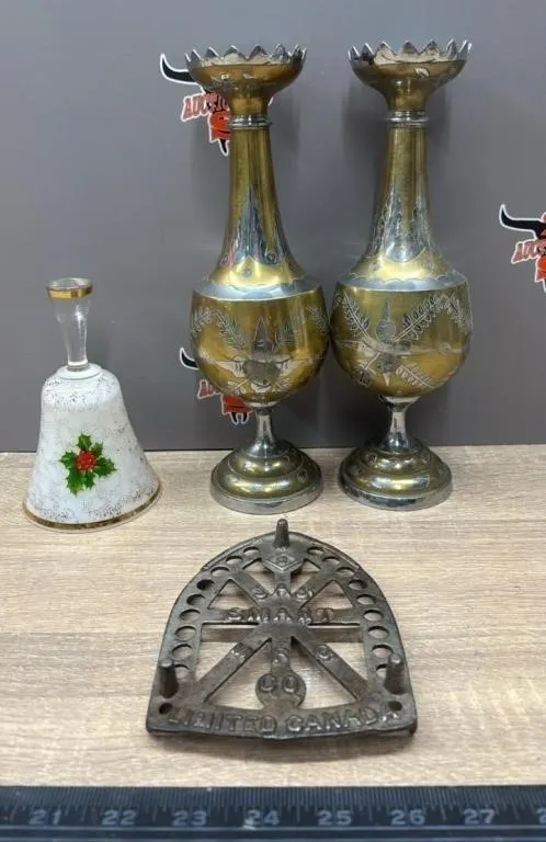 2 Metal & Etched 10� Vases, Glass Bell & Tevet.