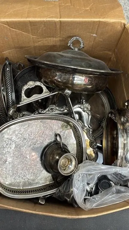 Box of EP Silver Serving Ware. *NO SHIPPING