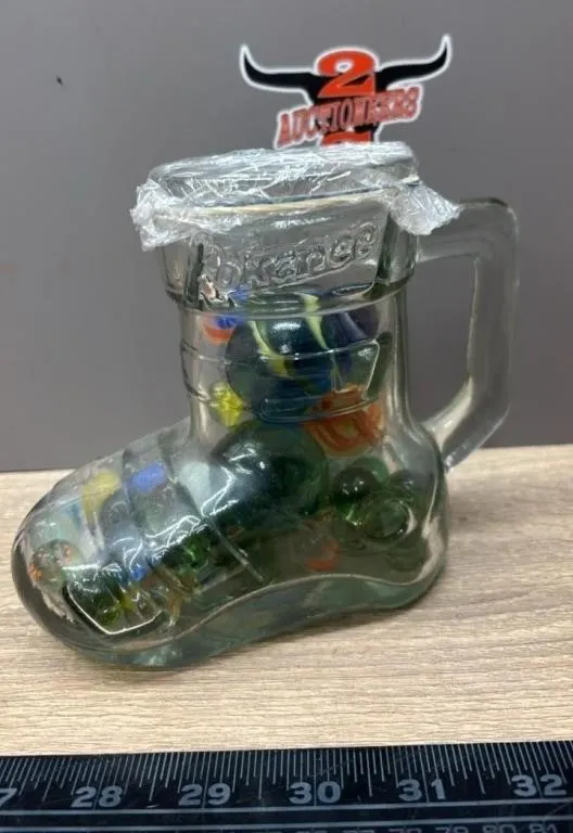 Glass Kokanee Boot Filled w/Marbles.
