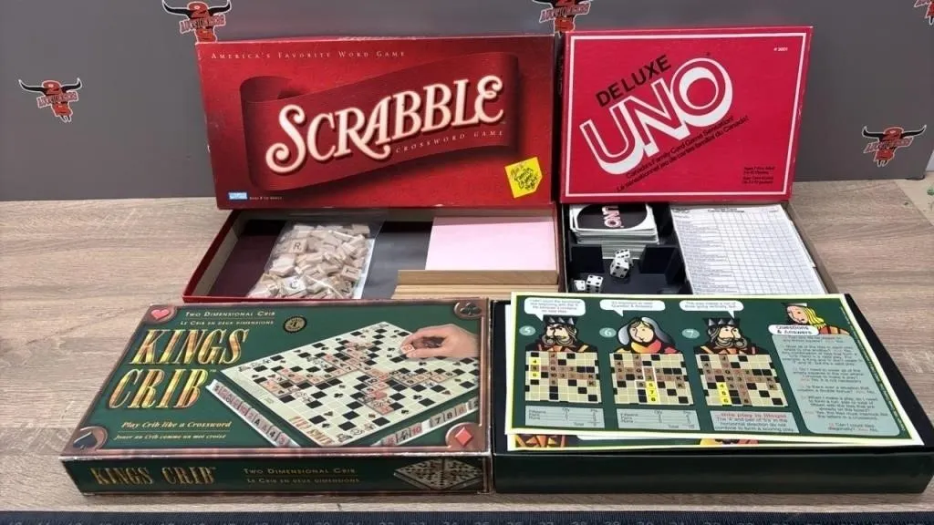 Board Games - Scrabble, Deluxe UNO & Kings Crib.