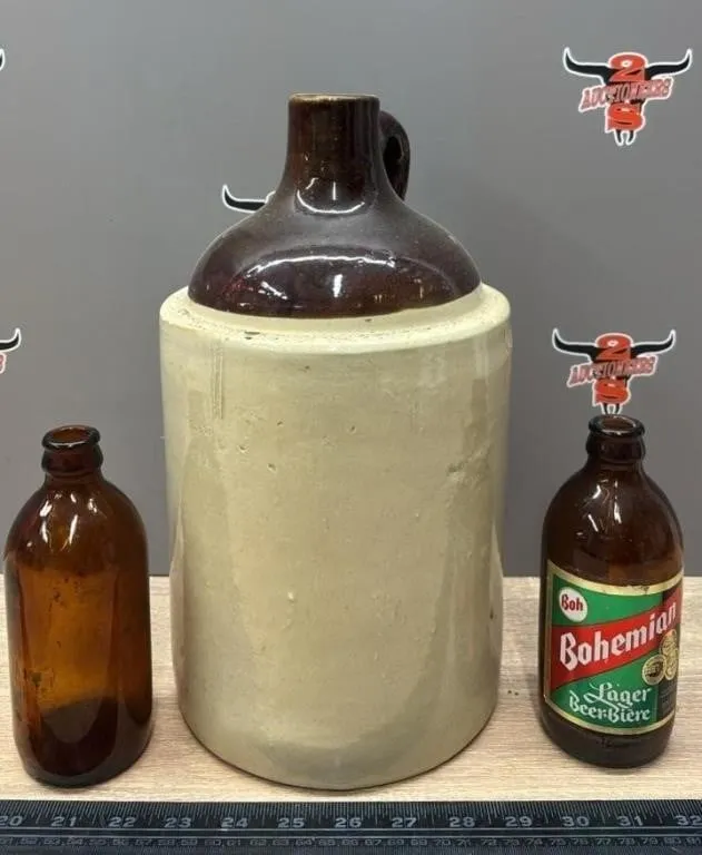 Brown Top Crock Jug & Bohemian Stubby Bottles.