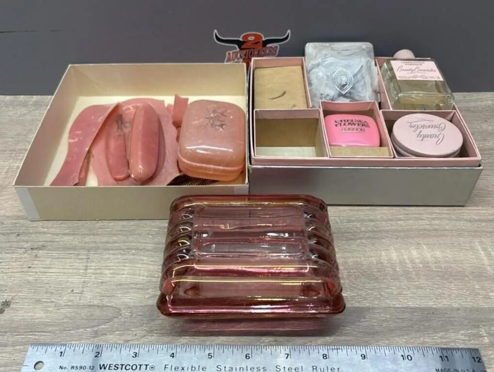 2 Beauty Sets & Glass Trinket Box.