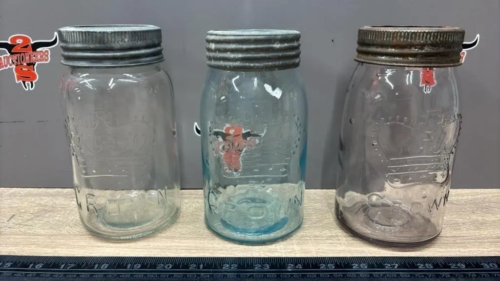 Three 7� Asst. Crown Glass Jar/Lids. *NO SHIPPING