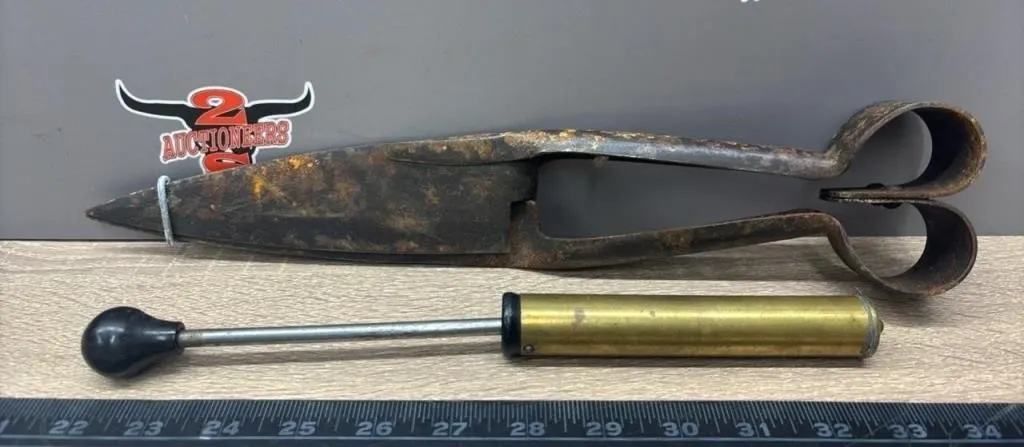 Vintage Sheep Sheers & Brass Hand Air Pump.