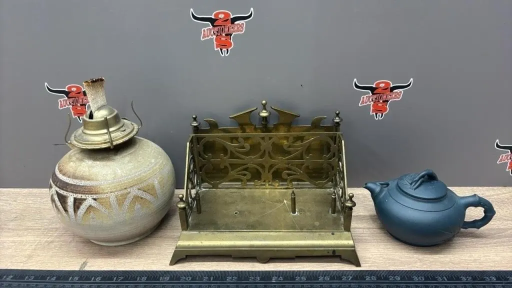 Brass Book Holder, Ceramic Tea Pot & Oil Lamp.