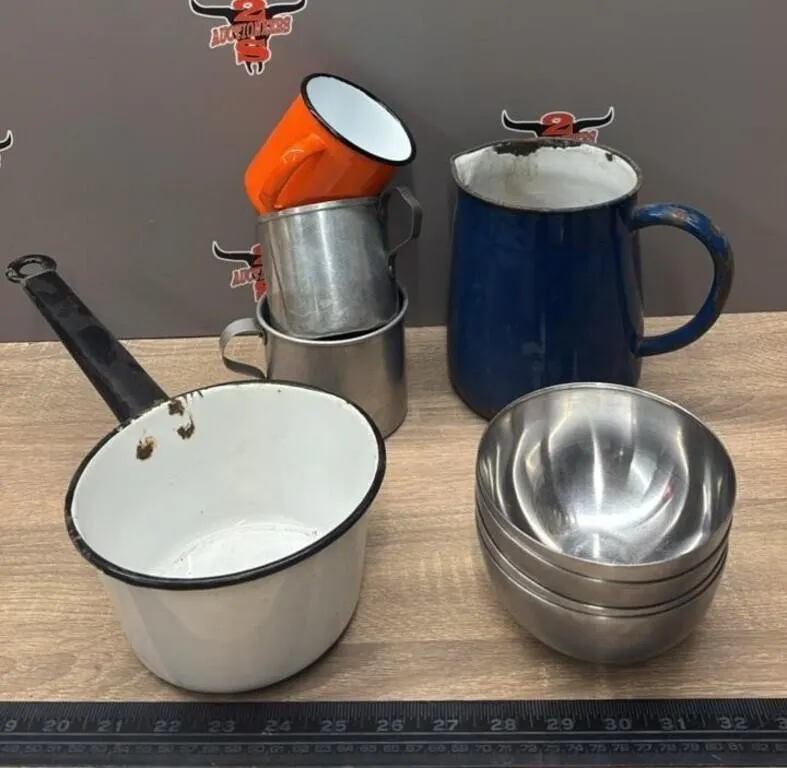 Asst. Enamel/Metal Cups, Pot & Bowls. *NO SHIPPING