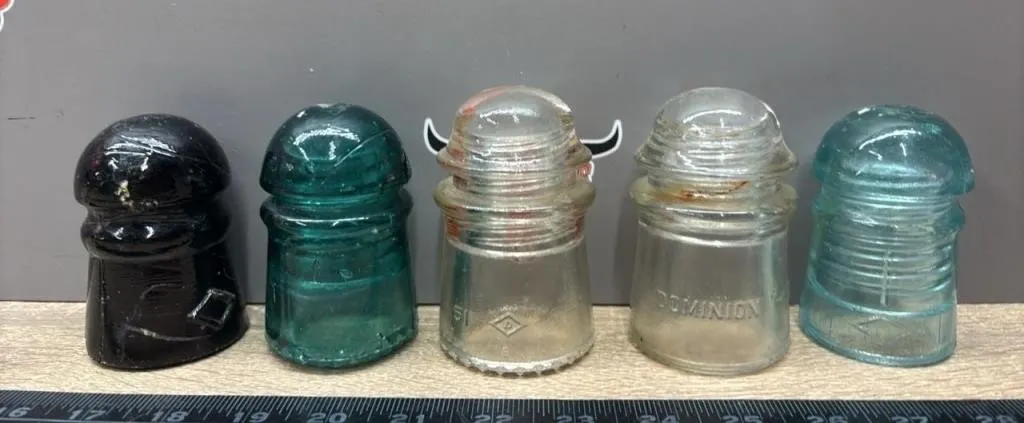 5 Asst. Glass Insulators. Some Chips (NO PURPLE)
