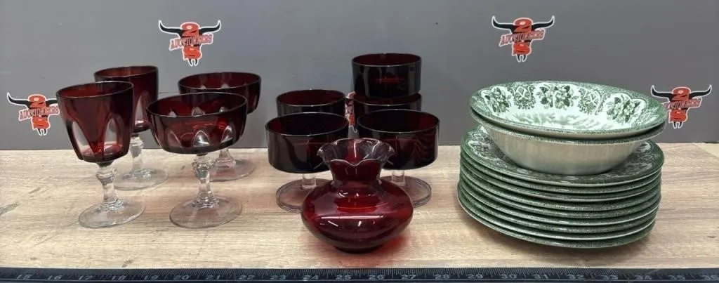 10Pc Red Glassware & 11Pc Irsonstone Tableware.