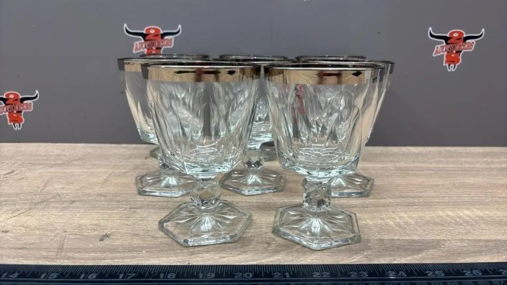 8 Goblet Glasses w/Silver Tone Rim.