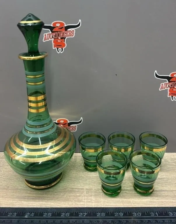 Green & Gold Stripped Decanter/Shot Cups.