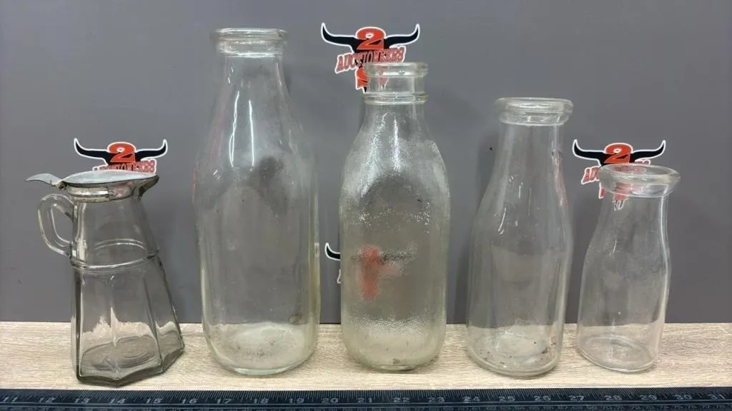 4 Asst. Glass Milk Bottles & Syrup Container.