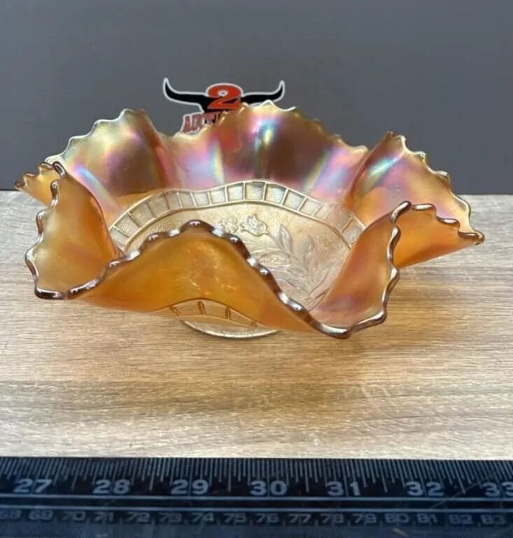 Dugan Wildflower Marigold Carnival Glass Ruffled