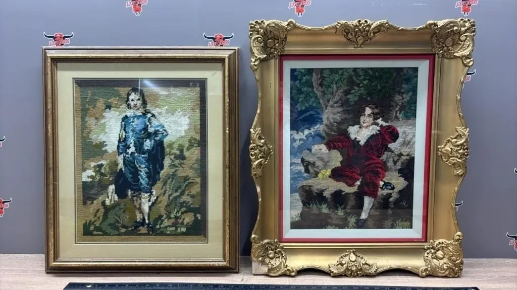 Framed Cross Stitch Blue/Red Boy Pictures.