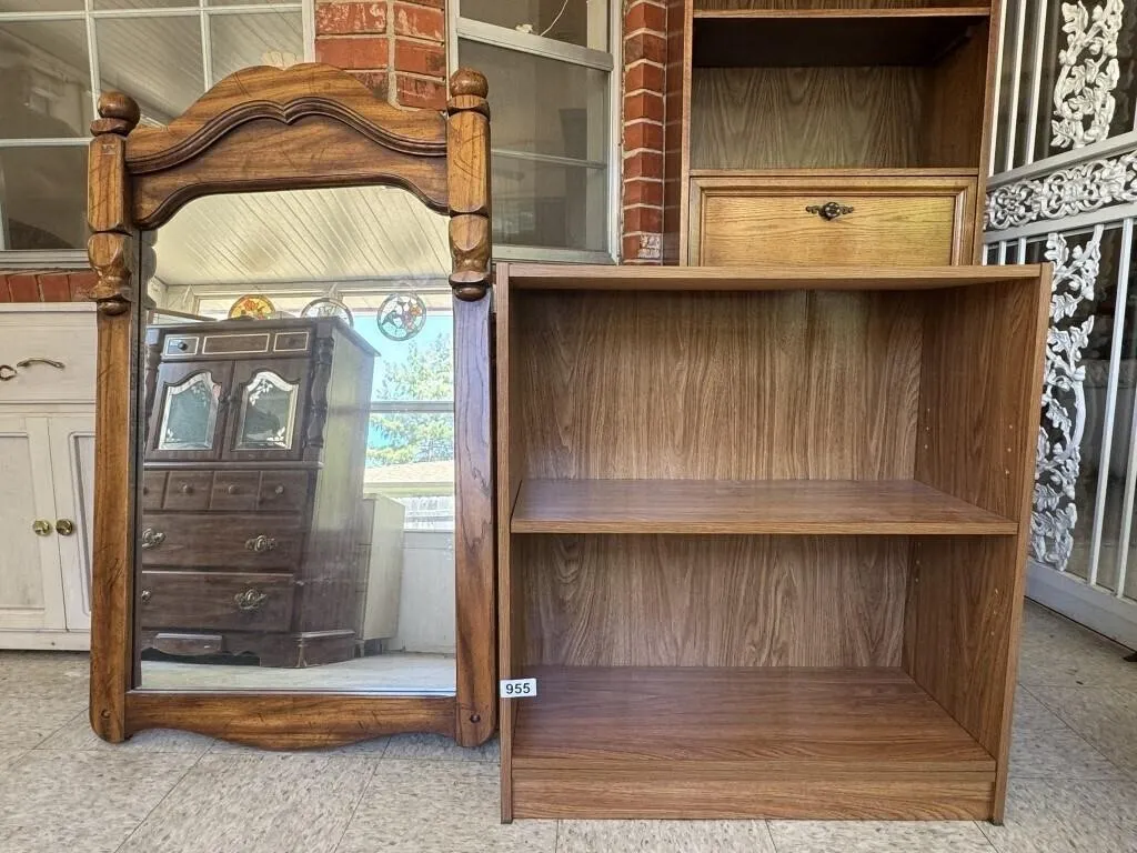 Wood Framed Mirror & Bookshelf