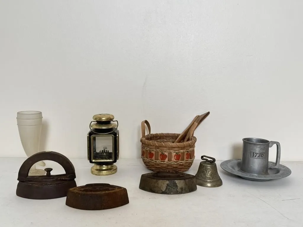 Antique Irons, Lantern & 1776 Metal Mug