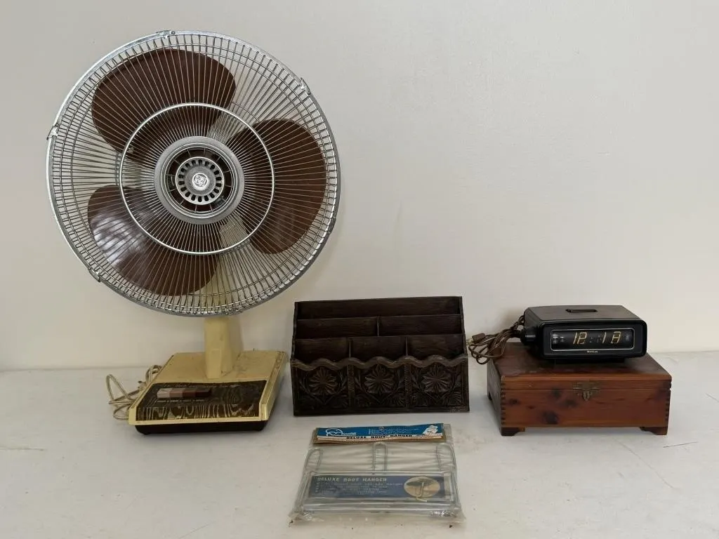 Vintage Cedar Box, Fan & Sankyo Alarm Clock