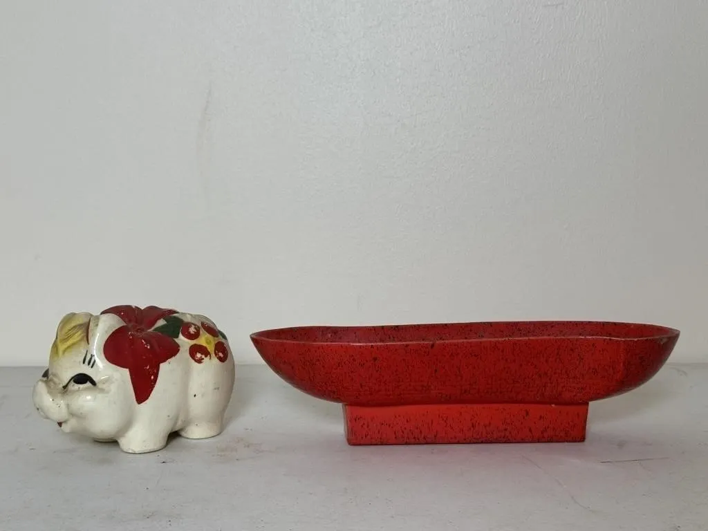 Vintage Piggy Bank & MCM Red Speckled Planter