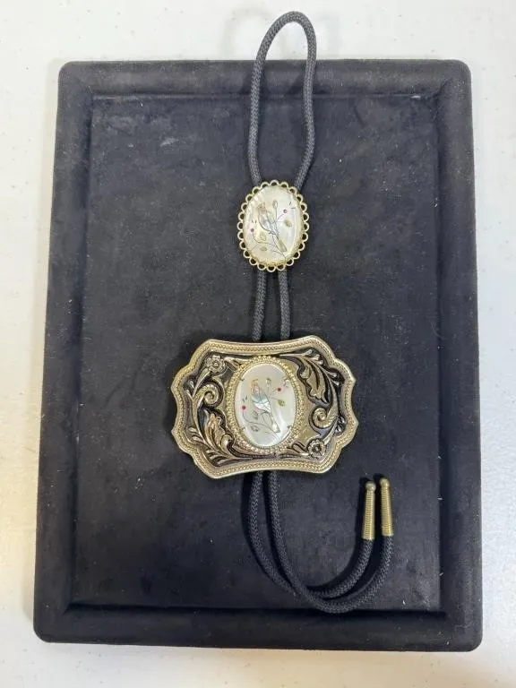 Mother of Pearl Bird Belt Buckle & Bolo Set