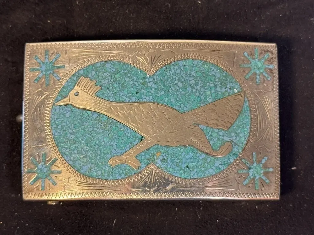 Silver & Turquoise Roadrunner Belt Buckle