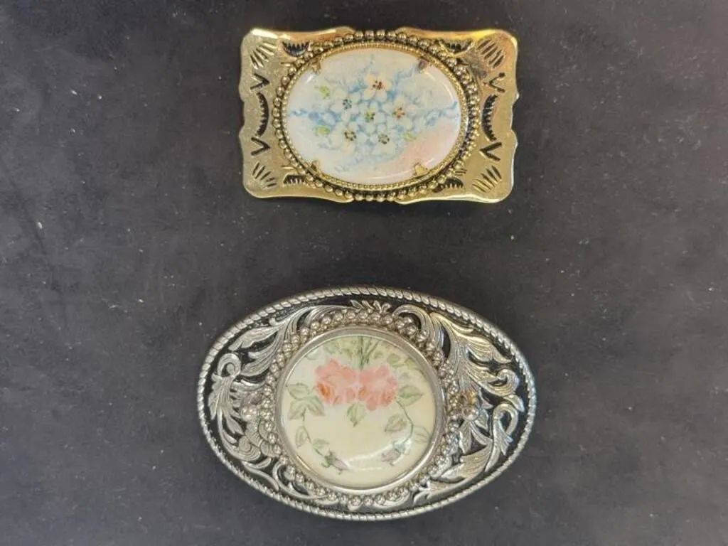Belt Buckles with Floral Porcelain Medallions