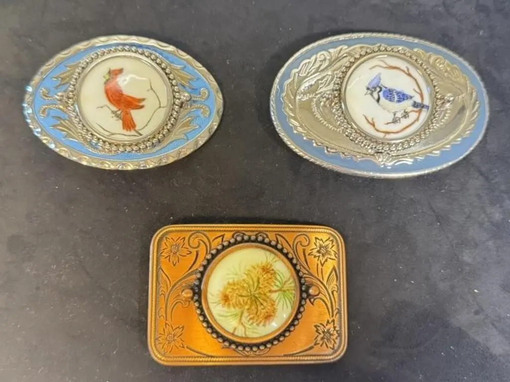Belt Buckles with Bird & Pinecone Porcelain Center