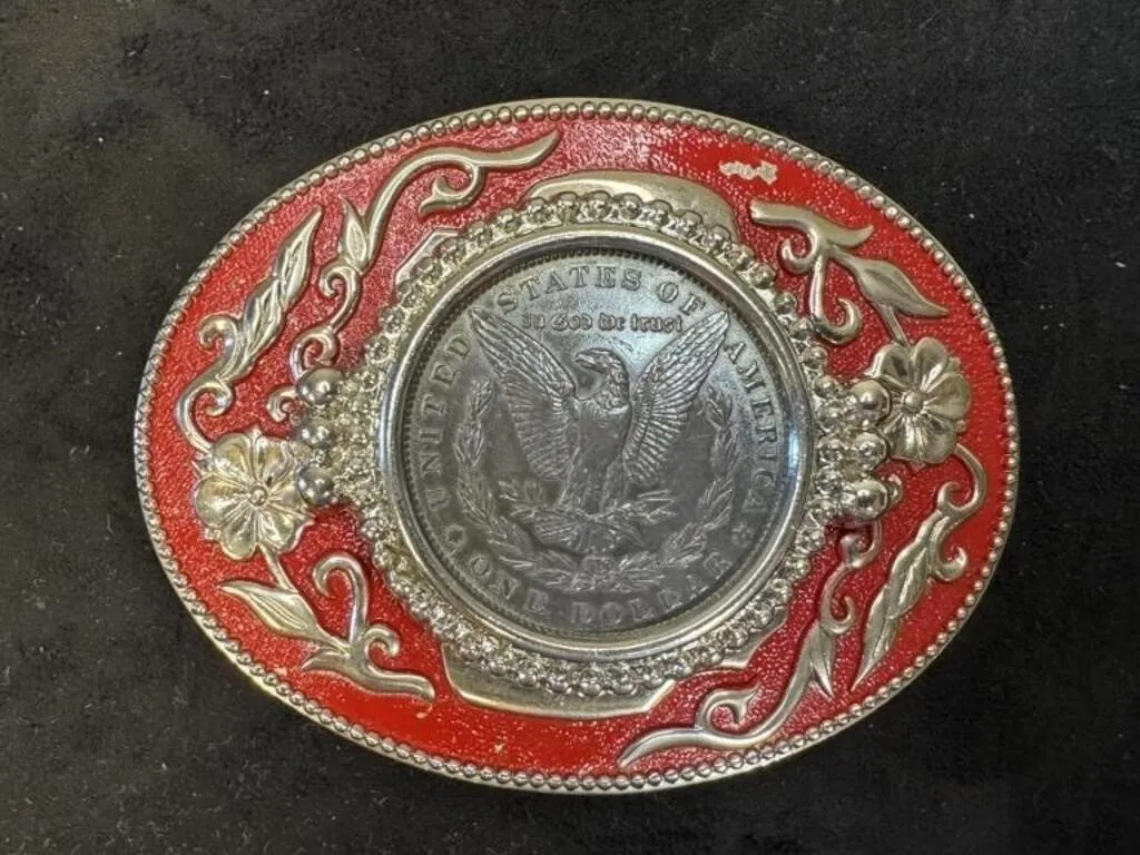 Silver Dollar & Red Enamel Belt Buckle