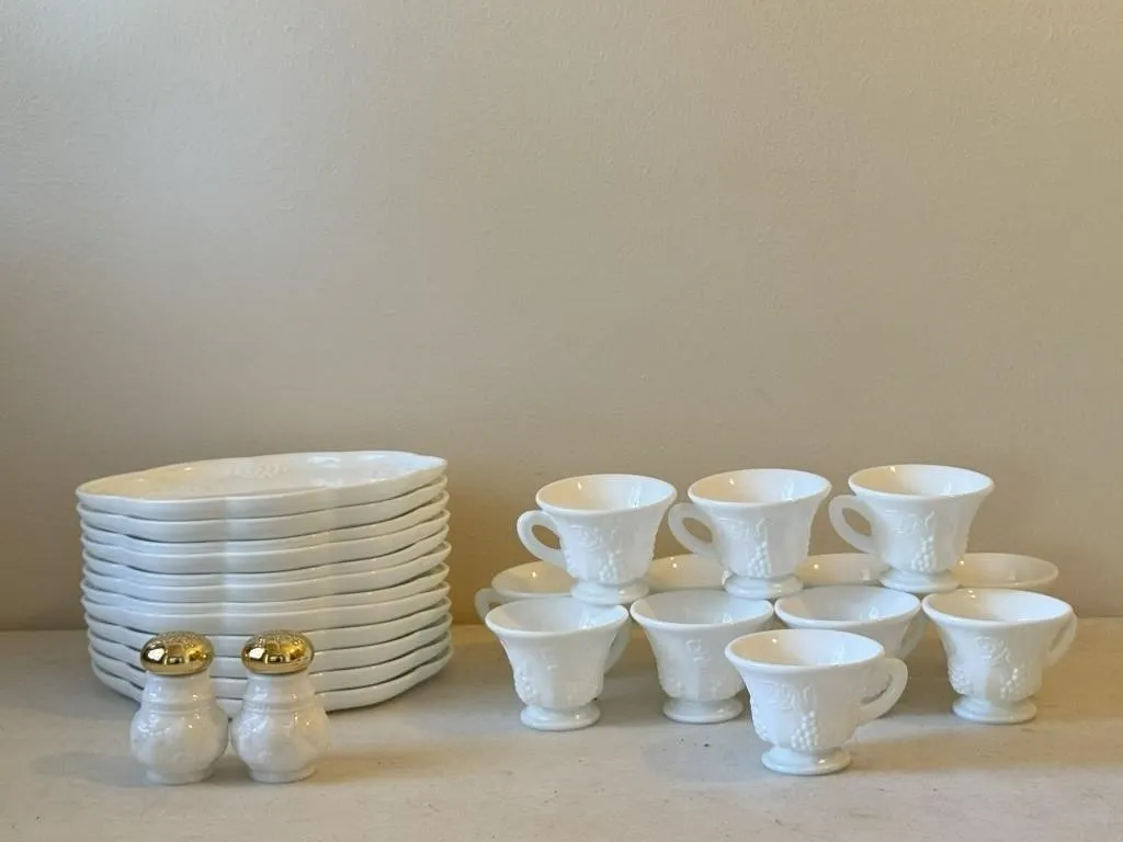 Milk Glass Snack Plates & Punch Cup Set