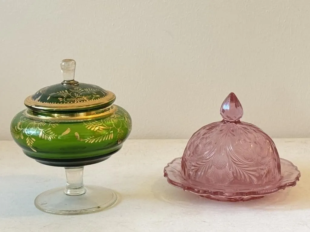 Green Glass Apothecary Jar & Pink Butter Dish