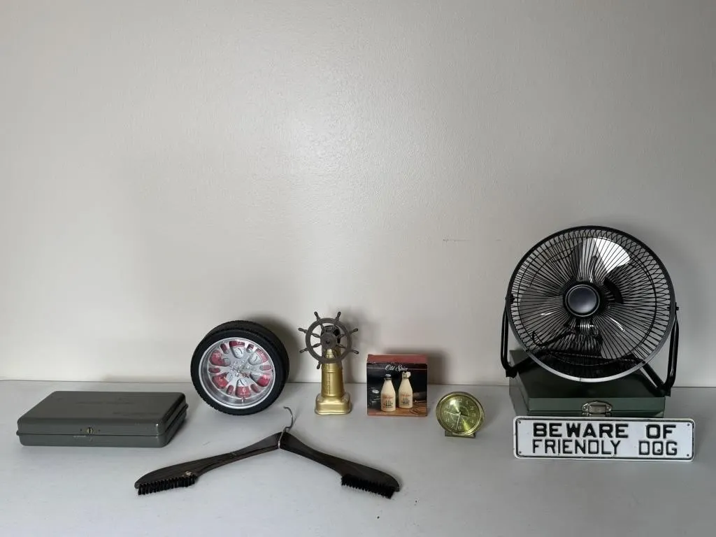 Fan, Tire Clock, Metal Boxes & Metal Dog Sign