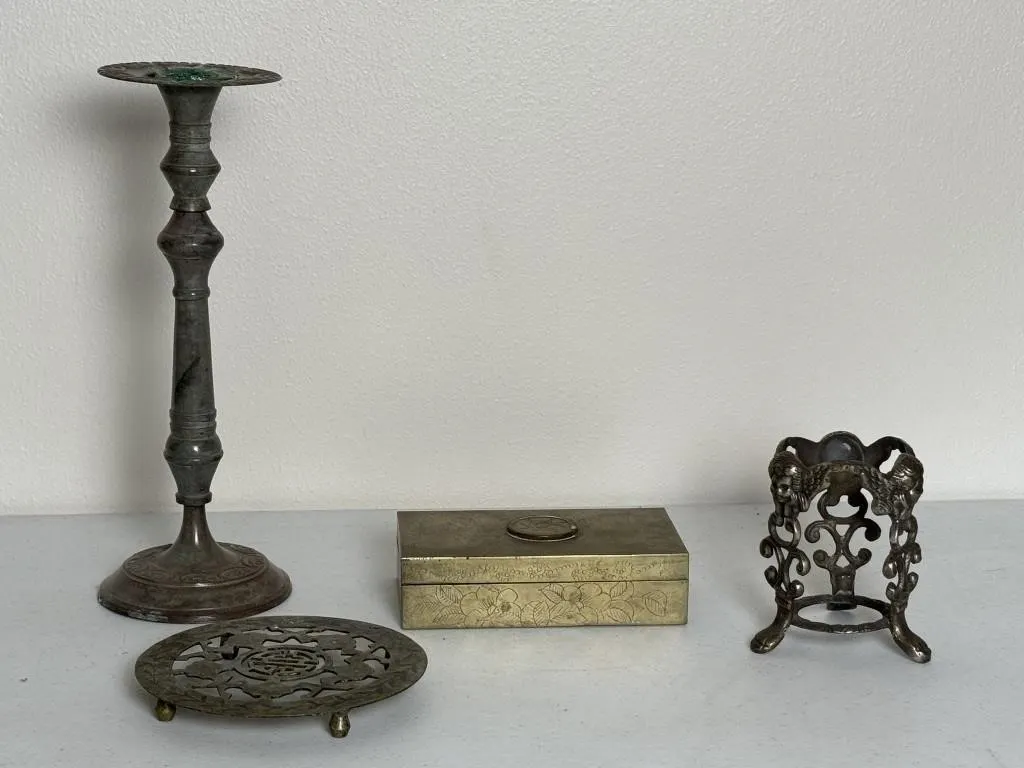 Brass Candleholder, Trinket Box & Trivet