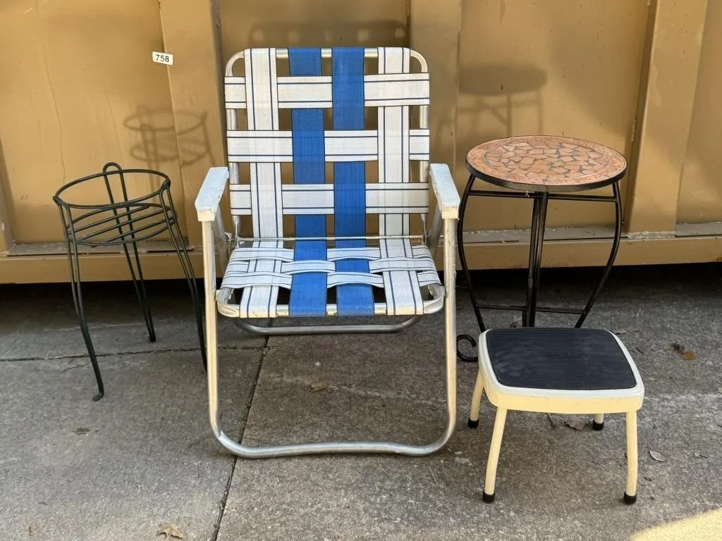 Lawn Chair, Foot Stool, Plant Stand & Side Table