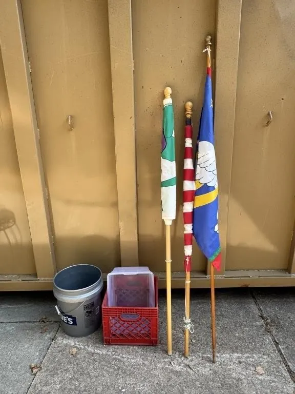 Yard Flags, Plastic Crate & Bucket