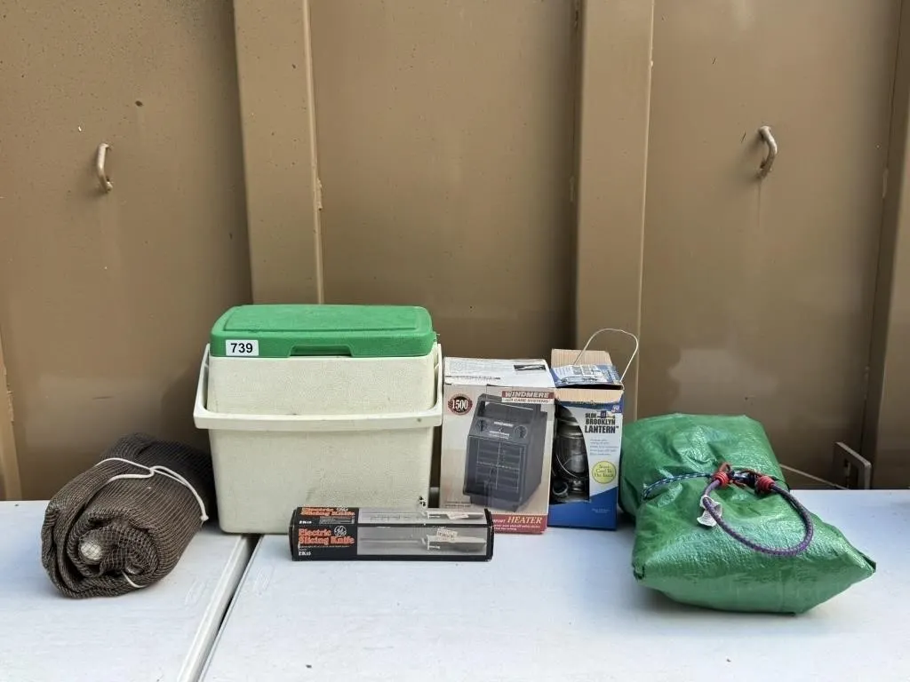 Tarp, Heater, Lantern & Coleman Cooler