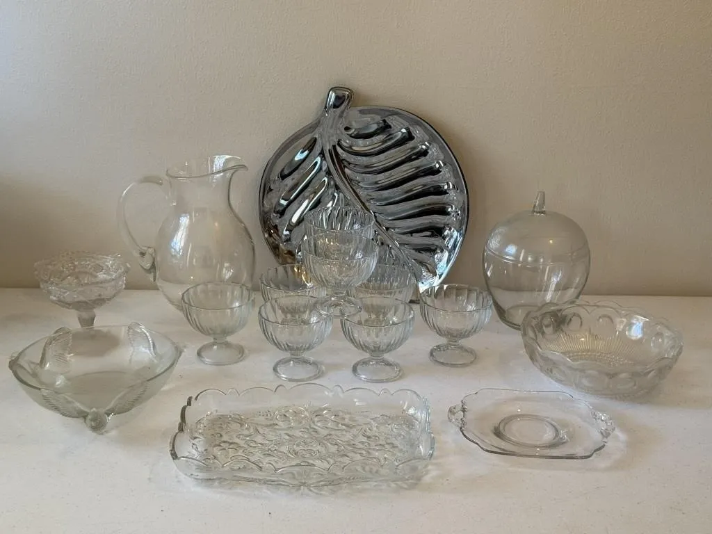 Glass Serving Dishes & Silver Tone Platter