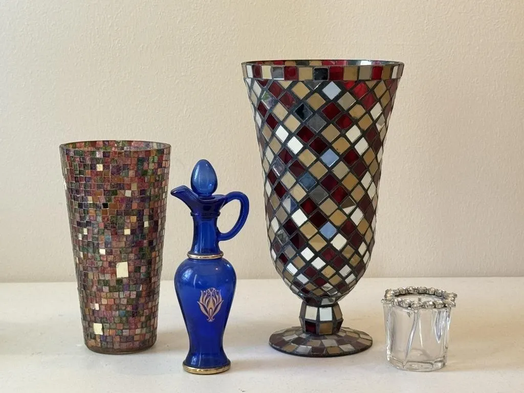 Mosaic Vases, Avon Bottle & Candle Holder