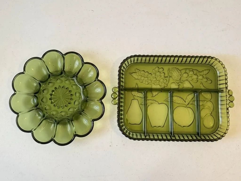 Avocado Green Glass Relish Dish & Deviled Egg Tray