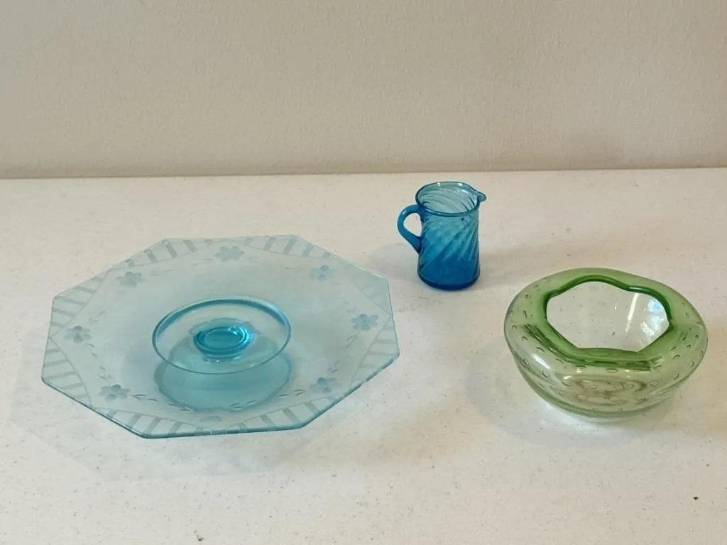 Aqua Glass Cake Pedestal, Pitcher & Green Bowl