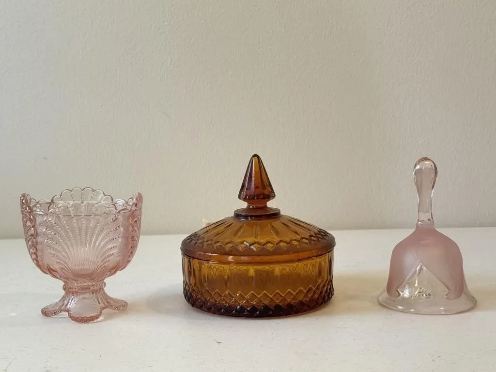 Amber Glass Candy Dish, Pink Bell & Compote Dish