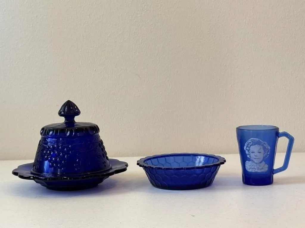 Cobalt Blue Butter Dish, Shirley Temple Bowl & Cup